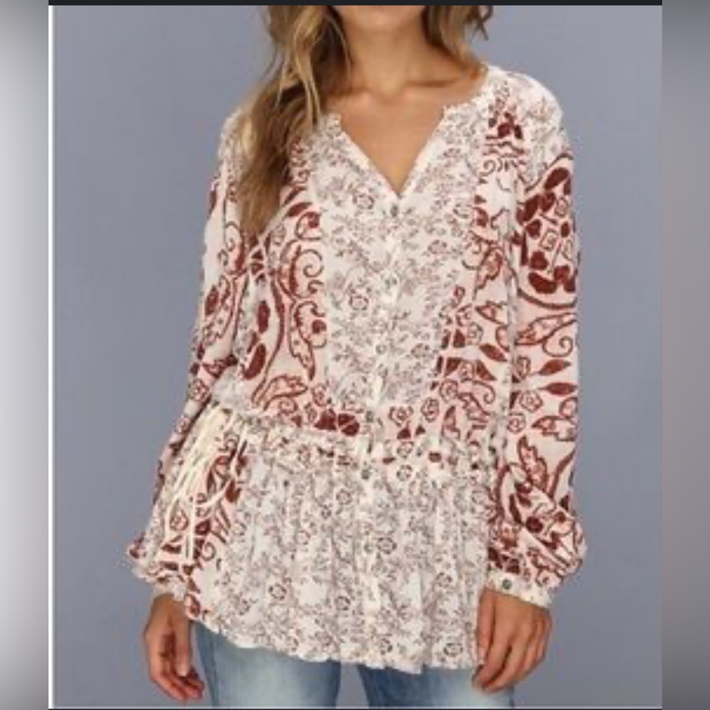 Free People Drop Waist V Neck Oversized Bohemian Floral Tunic Top Size Xs Brown
